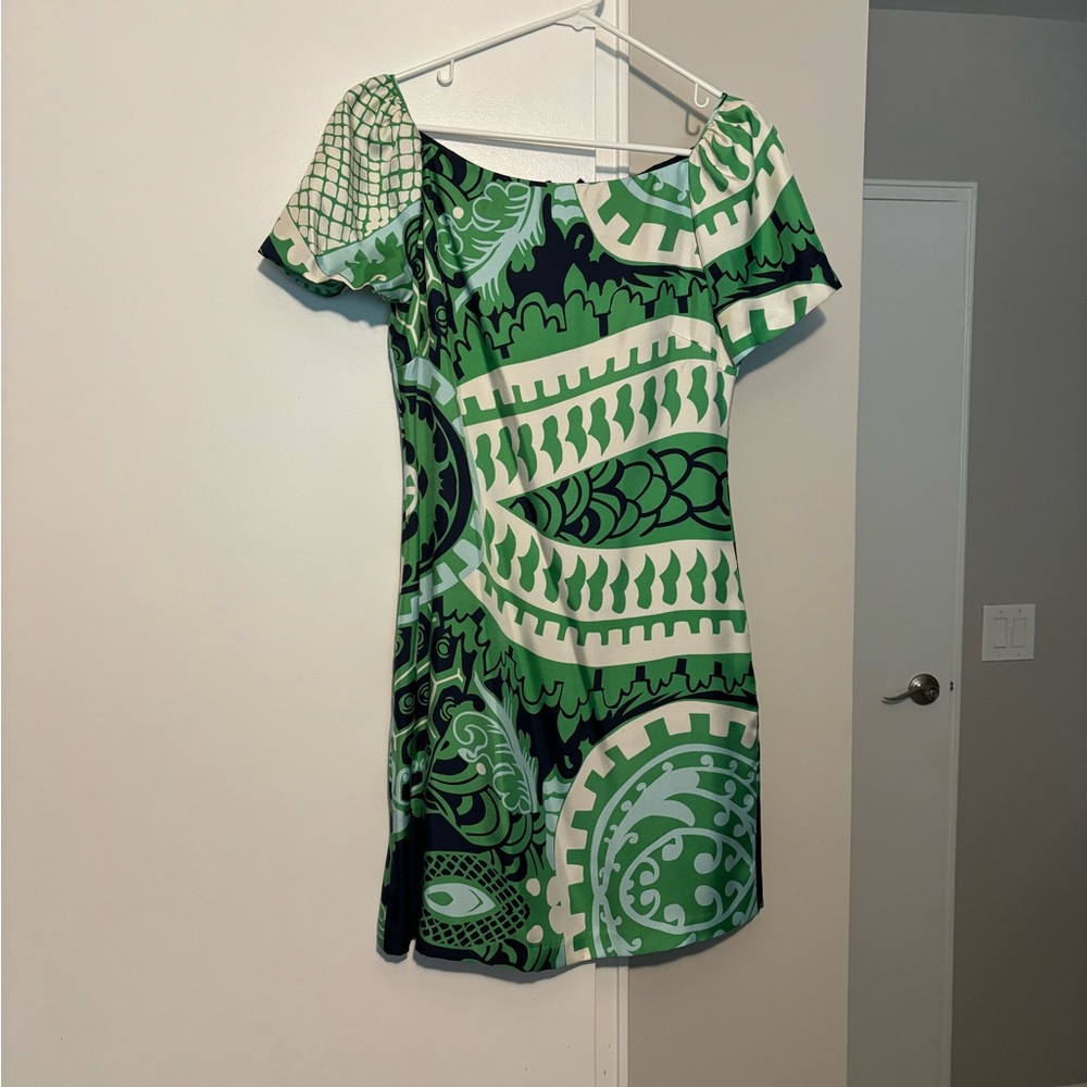 CK Bradley Green Blue White Patterned Dress silk s 6 (4) beautiful